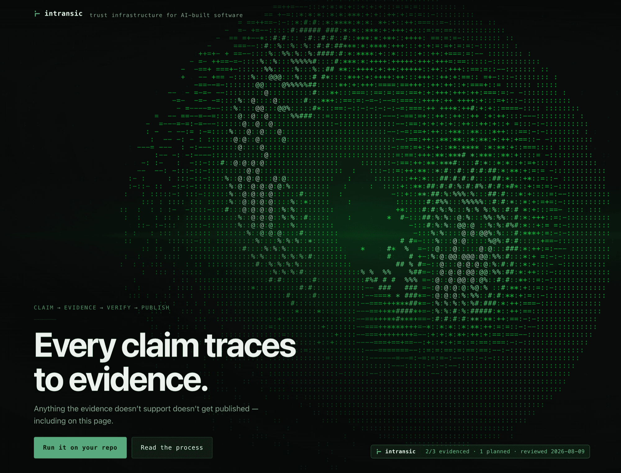 Intransic's splash screen: 'Every claim traces to evidence', with a CLAIM → EVIDENCE → VERIFY → PUBLISH pipeline.