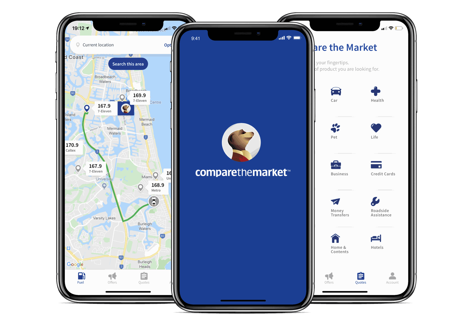 Three phones showing the Compare the Market app: a Gold Coast map with fuel prices pinned by station, the meerkat splash screen, and a grid of comparison categories.
